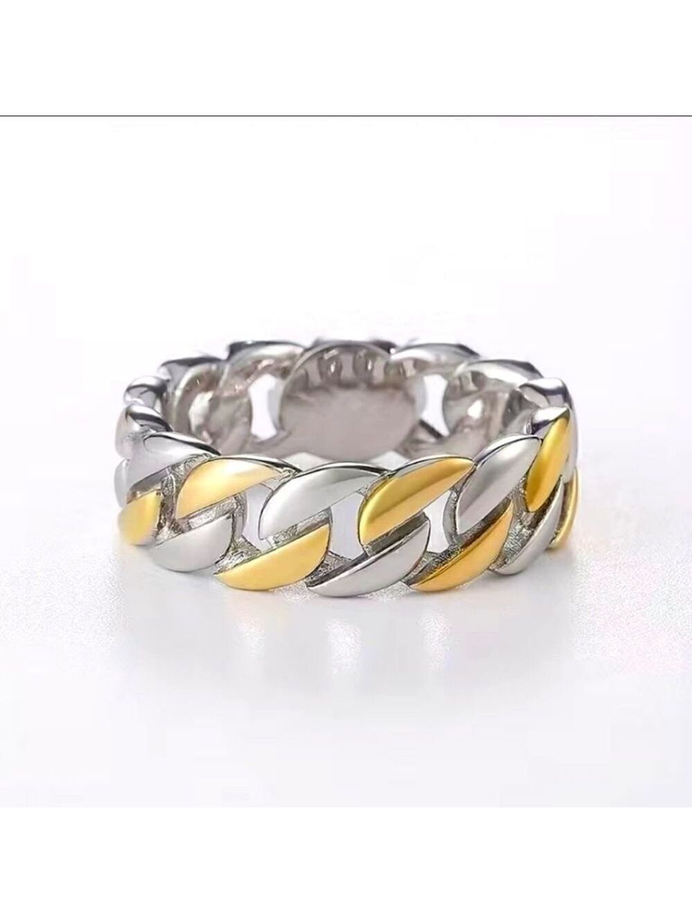 Gold and Silver Tone Braided Chain Ring 7mm Wide Cuban Link Chain Ring